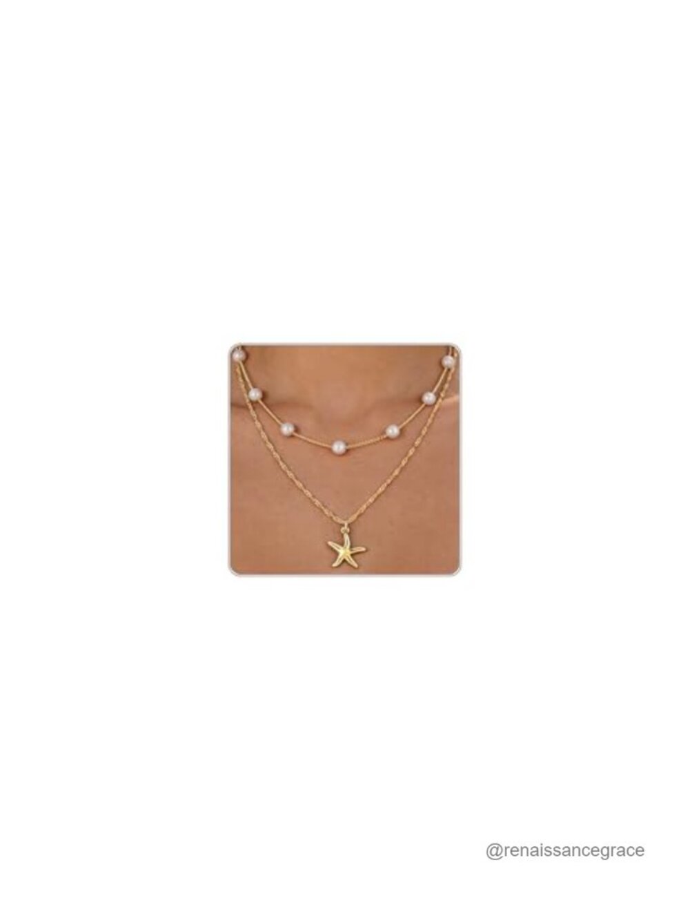 Layered Beach Shell Necklace Set, 14K Gold Plated Starfish & Pearl Charm